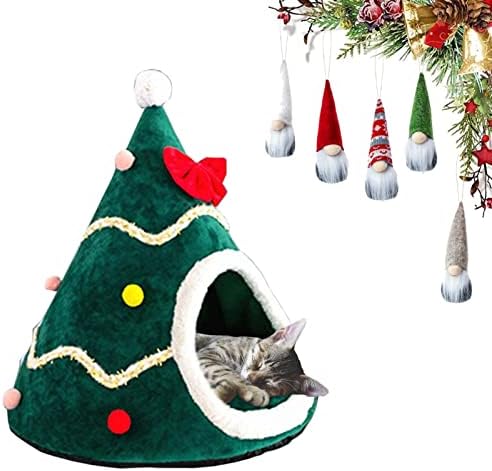 Zpjsz meio fechado de ninho de gato de Natal com 5 gnomos de santa casa fofa casa de gato com portal de gato de gato de estimação de pet-gato