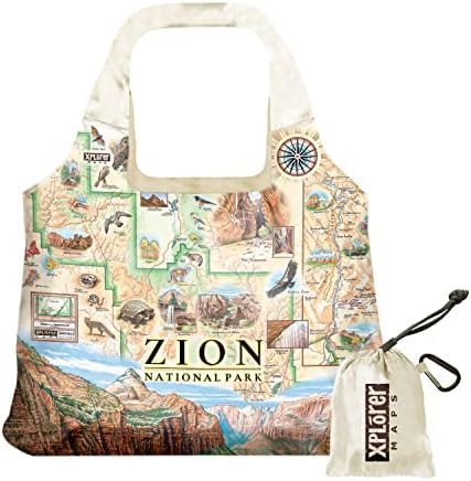 XPlorer Maps Zion National Park Mapa Bolsa de bolsa com alças - bolsa de compras de supermercado - reutilizável e ecológico - Nylon dobrável - ajustes pesados ​​no bolso - 18x25