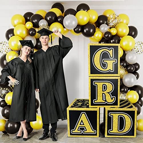 Caixas de balão de graduação em preto e dourado de Akide 2022 - Caixas de balão preto, 4 peças | Parabéns Caixas de graduação, caixas de formatura Decorações de formatura da faculdade Decorações de festa de formatura preto e dourado 2022