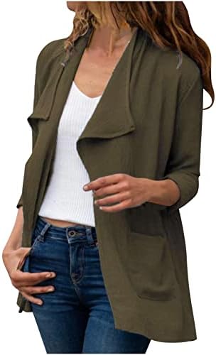 Cardigã de colarinho comprido feminino Cardigan casual jaqueta frontal aberta com bolso de túnica de túnica de bolso solto