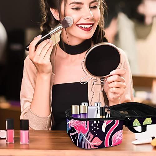 Saco de maquiagem pequeno, organizador cosmético da bolsa com zíper para mulheres e meninas, a palmeira tropical folhas rosa flamingos