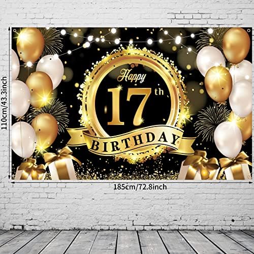 Feliz 17º aniversário decoração Banner Black Gold Gold Extra GRANDE POSTRO DE POSTER DE POSTER DE POSTER DE POSTER DE FOTOGRAFIA
