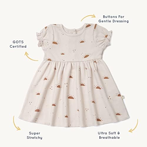 Makemake Organics Gots Organic Cotton Dress Girls Twirly Puff Sleeve Sleeve Sleeve Costa Recém -nascido para 5 anos