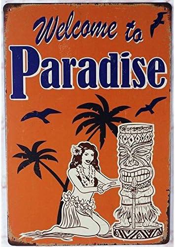 Bem -vindo ao Paradise Hawaii Tiki Bar temático Sinal de metal decorativo 20 x 30 cm