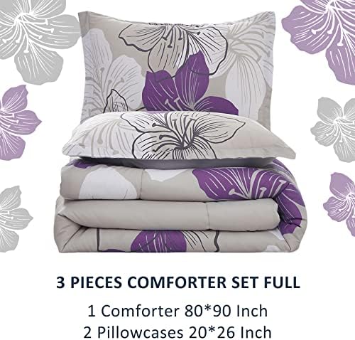 Conjunto de edredom floral de Menghomeus - padrão floral roxo de 3 peças impresso em cinza - Ultra Soft Microfiber Bedding Set