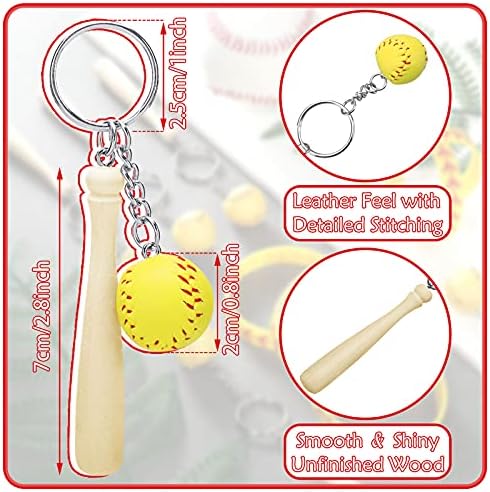 24 Peças Softball Charms, incluindo 12 peças, chaveiros amarelos de softball com bastão de madeira e 12 peças Silicone Rubber Softball Bracelet para atletas esportivos