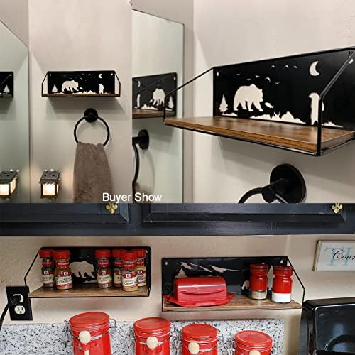 Prateleiras flutuantes do GiftGarden para parede com recortes únicos de ursos adoráveis, decoração de prateleira de ferro de madeira rústica para a cabine da cabine do quarto da sala de cozinha berçário, preto, conjunto de 2