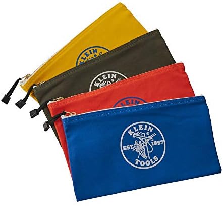 Klein Tools 5140 Bolsa com zíper de lona, ​​bolsa de ferramentas, bolsa de ferramentas, bolsa de utilidade, bolsa de depósito bancário, 12,5 x 7 polegadas, azeitona/laranja/azul/amarelo 4-pacote