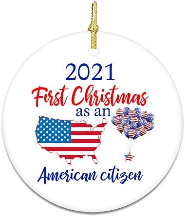 2021 Primeiro Natal como um cidadão americano Ornamentos de lembrança círculo de porcelana ornamento de cerâmica Merry Christmas