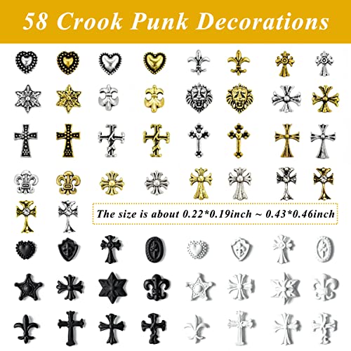 58pcs unhas arte charme 3d metal punk vintage crave crawm acessórios multi design de unhas cruzadas para salão de unhas e arte de unhas em casa