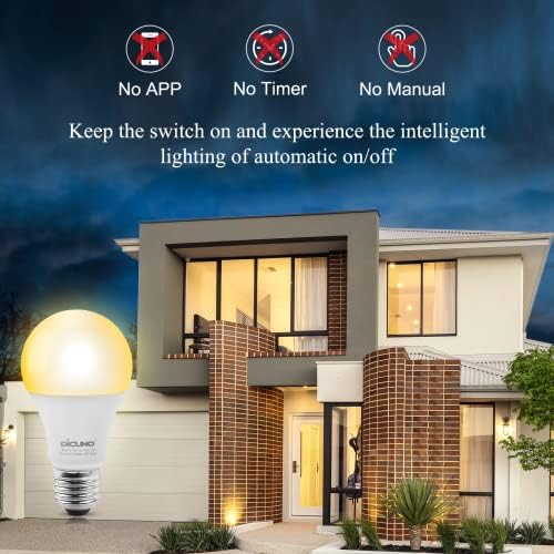 DiCuno Dusk to Dawn Light Sensor Bulbs Outdoor, A19 LED BULBA AUTOMÁTICO ON/OFF, 9W 60 WATT Equivalente, 2700k Mole White 800lm, iluminação externa para a varanda da frente, 4 pacote de 4