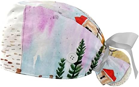 Niaocpwy 2 pacote de trabalho com faixa de suor para mulheres, aquarela estética do farol de rabo de cavalo bouffant chapéu