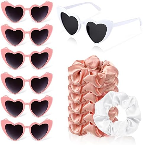 Flutesan 7 Pares Bachelorette Sunglasses e 7 Pack Satin Damaid Scrunchies Coração Manutenção de Óculos de sol elástico Elastic Bery Hair lances Gifes de festa para festas para damas de honra Mulheres meninas