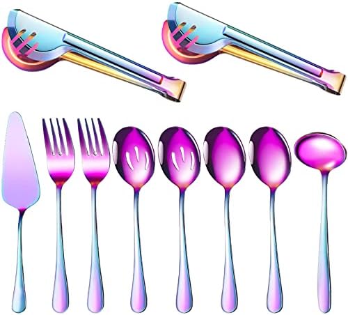 ViliHKC 10 PCs Servindo utensílios de servir incluem grandes colheres de porção, servindo colheres que servem garfos que servem pinças de sopa de sopa e servidores de torta buffet buffet de utensílios de serviço para lava -louças