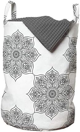 Bolsa de lavanderia étnica de Ambesonne, estilo folclórico Mandala inspirada repetindo florescendo em fundo simples, cesto de cesto com alças fechamento de cordão para lavanderias, 13 x 19, cinza e branco