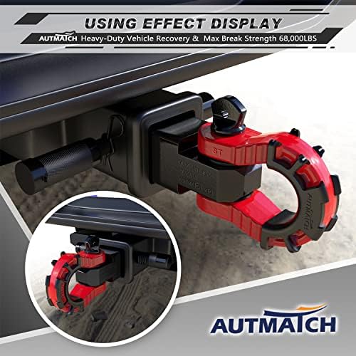 Autmatch Mega Shackles 3/4 D Chapo de anel e receptor de engate de 2 com 5/8 Pino de travamento do trailer, 68.000 lbs Receptor de força de quebra para veículo, vermelho e preto