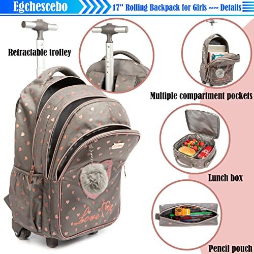 Egchescebo Kids Love Heart Rolling Mackpack For Girls Móias Backpacks com Rodas Mochilas de Mochila de Rollo