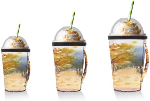 Autumn Tree Fall Leaves Road Reutilable Iced Coffee Slave com manga de neoprene para refrigerante, café com leite, chá, bebidas,