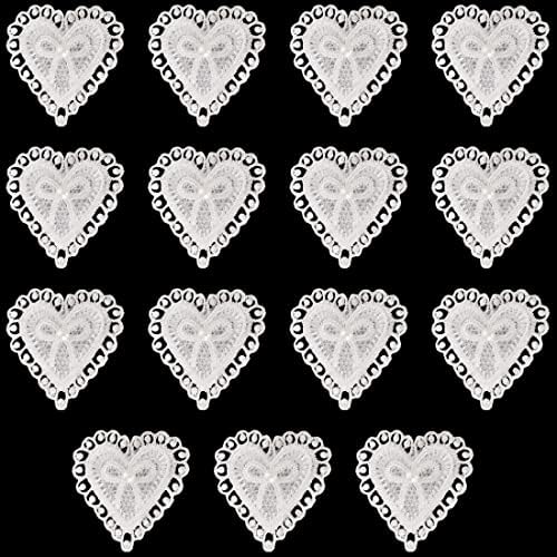 Jkjf 15 pcs renda o coração aplique o coração arco renda de borda de borda coração costurar em ferro em remendos para artesanato diy roupas vestido chapéu de cabelo na noiva decoração de casamento - branco