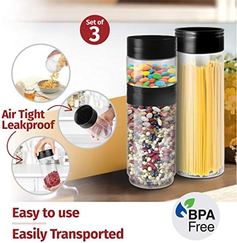 Jarros de plástico com tampas - Conjunto de 3 recipientes de plástico transparente - Lutas plásticas empilháveis ​​com economia