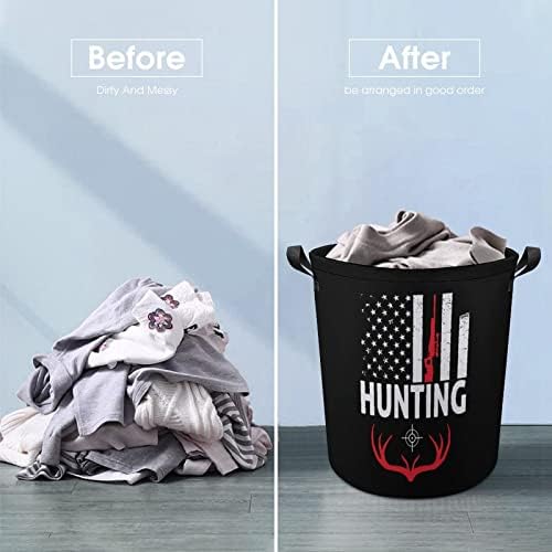 Hunting USA Flag Casket com alças Round Round Collapsible Laundry Horper Storage Basket para banheiro do quarto