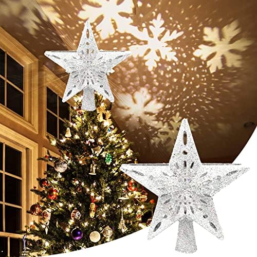 Topper de estrela de árvore de Natal Gexregel, luz do capota de árvore de Natal com pó prateado brilhante, projetor de floco