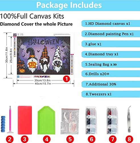 Kits de pintura de diamante de Halloween para adultos, arte de diamante de strass de cristal de Halloween, Gnomos de diamante