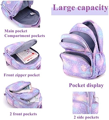 Yjmkoi 3pcs colorido de impressão de coração rolante mochila para garotas bolsa escolar de bonde elementar com lancheira