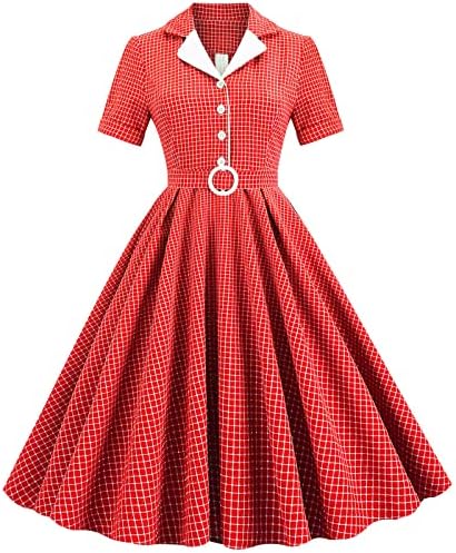 Senhoras Lapela V Vestidos de giro do pescoço decote blazer do blazer 1950s Vestage Rockabilly vestido de manga curta para baixo vestido xadrez