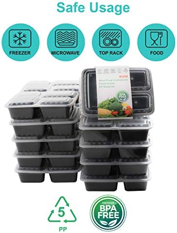 20 Pack Bento Box, [36 oz] 3 Compartimento Prep recipientes com tampas -Contêineres de armazenamento de alimentos BPA BPA Plástico