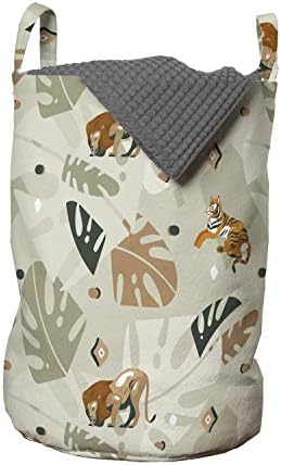 Bolsa de lavanderia de savana lunarable, padrões abstratos de desenhos animados Tiger Lion e folhas exóticas, cesto de cesto com