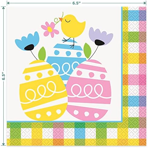 Home & Hoopla Feeda de festa de Páscoa fofa - Placas de sobremesa de papel quadrado colorido de xadrez e guardanapos para o almoço serve 16