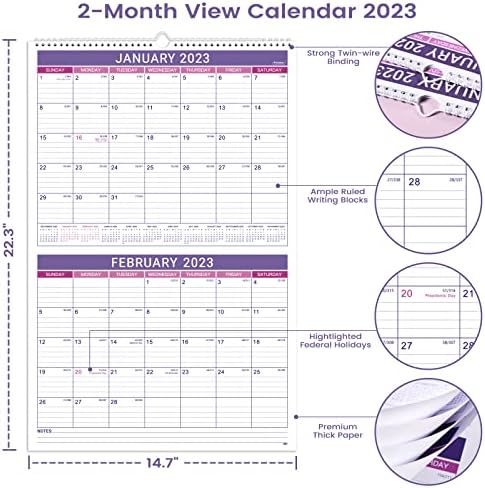 2023 Calendário de parede - Grande Calendário de 2 meses 2023, calendário 2023 de janeiro de 2023 a janeiro de 2024, 14,7