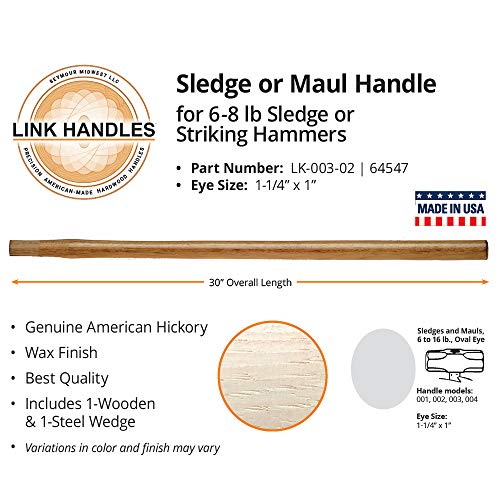 Link lida 64547 30 Sledge ou Maul Handle, por um trenó de 6 a 8 libras ou martelos impressionantes, nogueira americana, acabamento de cera, grau A, uso industrial