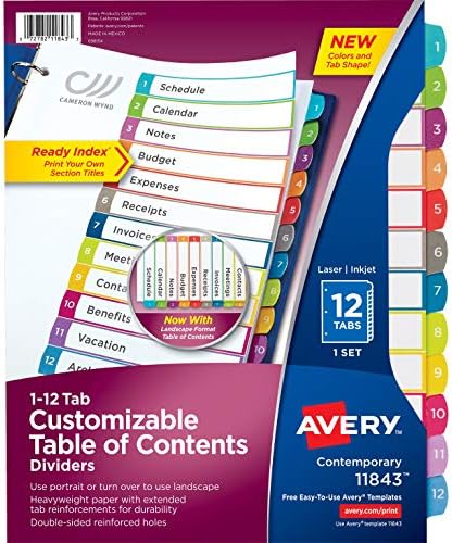 Divisores de guia Avery A-Z para 3 ligantes de anel e 12 divisores de guias para 3 ligantes de anel, índice personalizável, abas multicoloria,