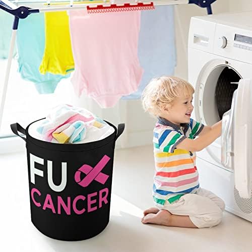Foda -se câncer de mama fita rosa redonda de lavanderia no cesto de armazenamento à prova d'água com tampa e alça de cordão