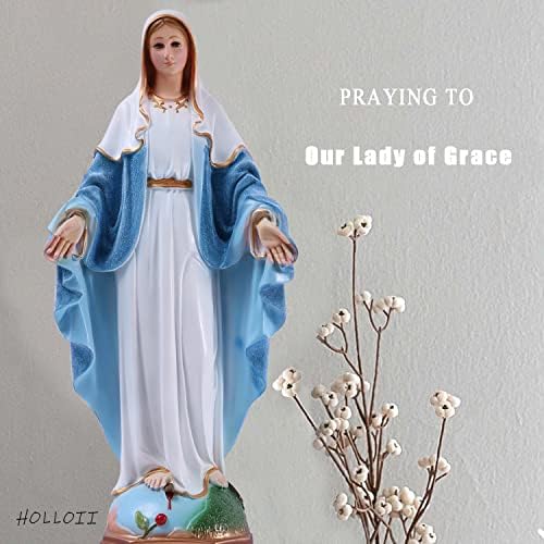 Holloii abençoou a Estátua da Virgem Maria 19 polegadas com vestido azul brilhante Nossa Senhora da Grace resina
