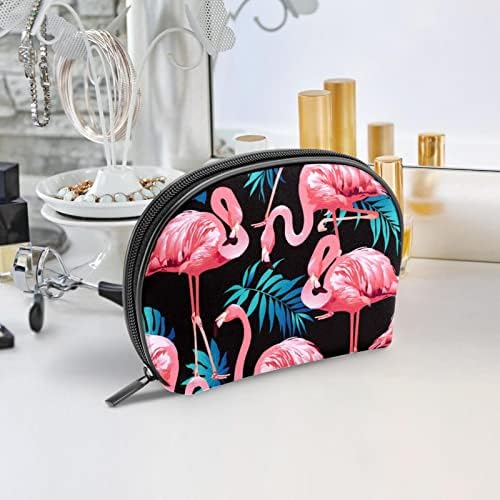 Pequeno bolsa de maquiagem, organizador cosmético da bolsa com zíper para mulheres e meninas, folha tropical de flamingo rosa