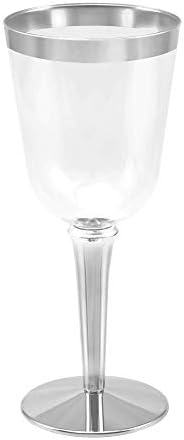 50 copos de vinho plástico descartáveis ​​de aros prateados | Grande 10 onças. Premium Clear Plastic Plastic Fancy Wine Cups para casamentos