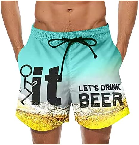 Palões de natação engraçados masculinos, cintura flexível Coloque rápido shorts de tábua seca F, vamos beber uma cerveja na praia