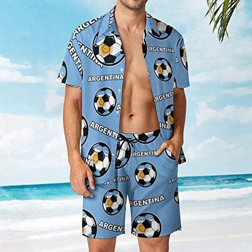 Argentina futebol de futebol masculino de 2 peças de praia Button Hawaiian Button Down Sleeve Camisa e ternos de shorts