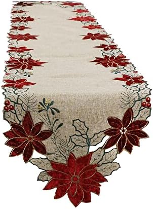 Owenie Christmas Table Runner, corredor de Natal para mesa com poinsétia vermelha bordada, decoração de casa de Natal, 13 x 70 polegadas