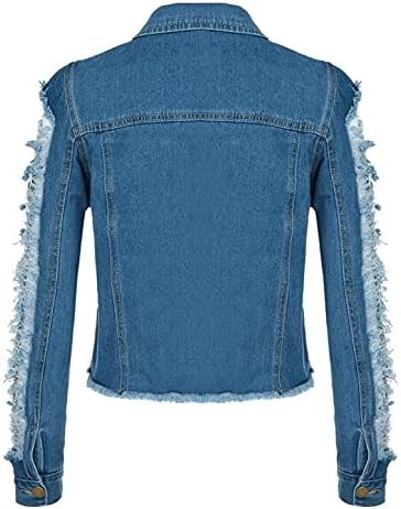 Jaqueta angustiada de jeans clássica suiquizada para mulheres com a manga de manga com botões lavados de botão lavado