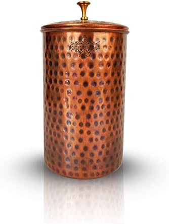 Indian Art Villa Pure Copper Hammered Design Storage Caixa/recipiente com botão de latão na parte superior, volume-44 oz