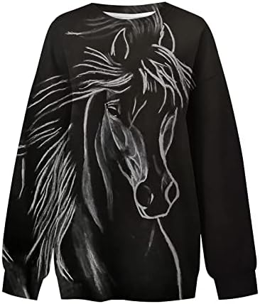 Pullover de cavalo Tops para mulheres estilo ocidental Drop ombro de ombro longo Camisas de manga comprida moletom de túnica estampada casual