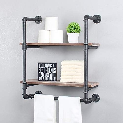 Rack de toalhas industriais com barra de toalha, prateleiras de banheiro rústicas montadas na parede, 2 níveis de parede