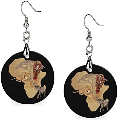 Africa Wild Lion Elephant Map Brincos de madeira redondo pendente balanço jóias de ganchos de orelha para mulheres