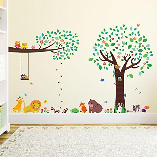 Decowall DA-1312p1410 Árvore grande com amigos de animais e galho com corujas Decalques de parede Adesivos de parede Peel e colar adesivos de parede removíveis para crianças da sala