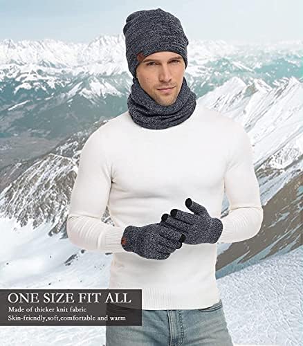 Luvas de tela sensível ao chapéu de chapéu de inverno para homens e mulheres, luvas de gorro mais quentes do pescoço com lã de malha quente forrada