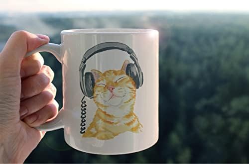 Copo engraçado de caneca de gatinho de gato, gato ouvindo fones de ouvido caneca de cerâmica-11oz de café com leite de leite copo,